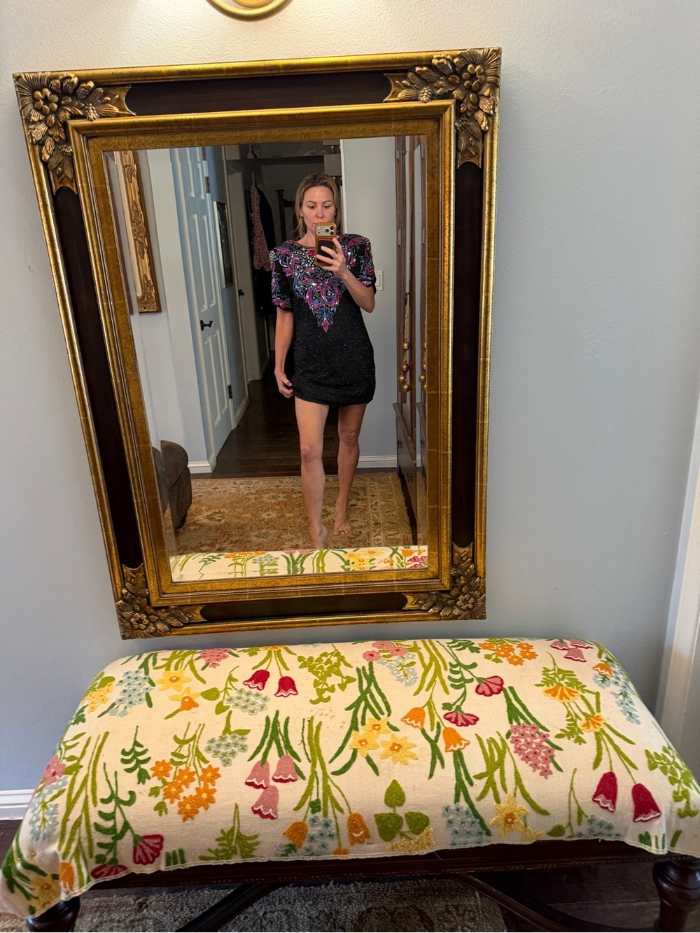 Vintage Black Sequined Mini Dress with Pink & Purple Beading